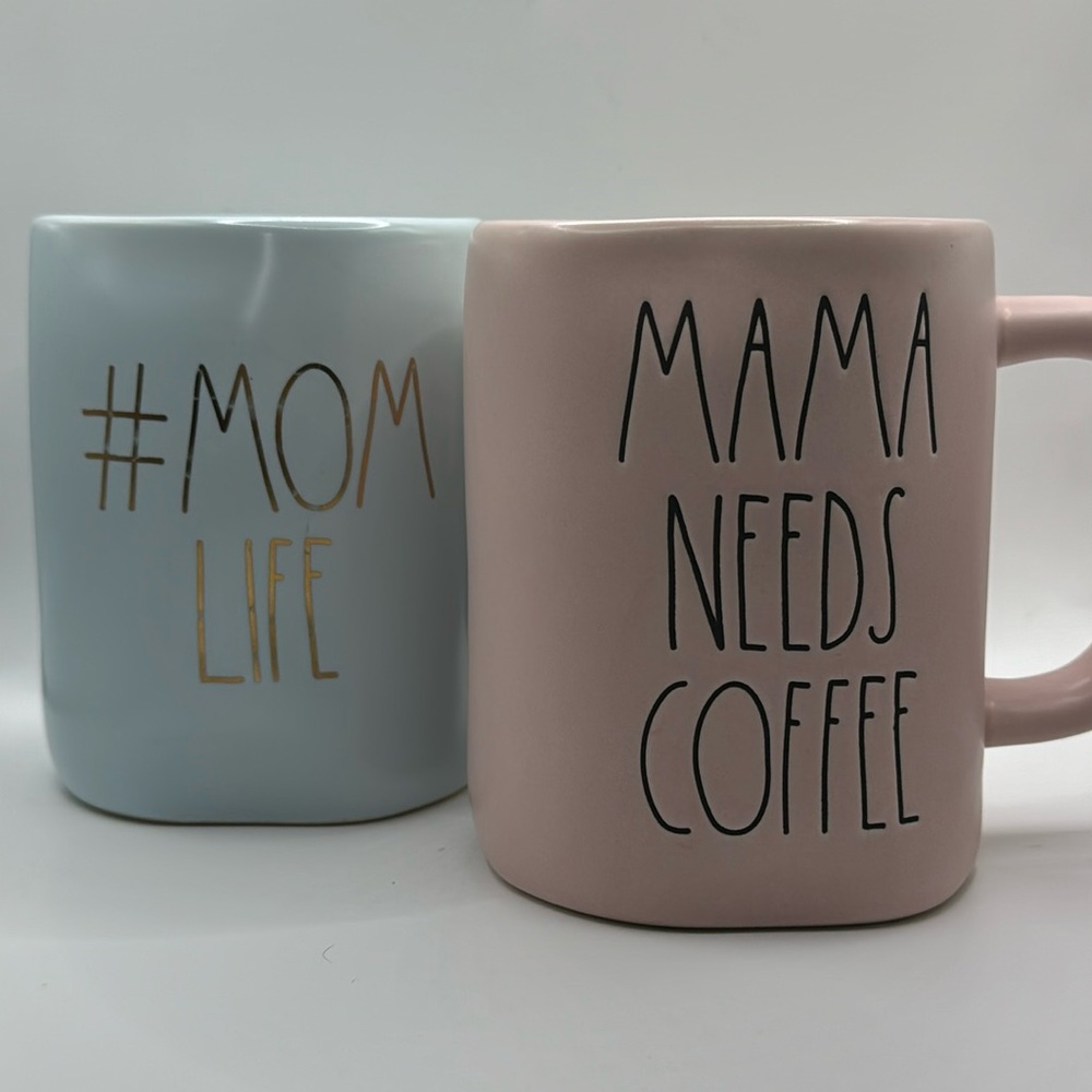 RAE DUNN Mugs x2 “ #MOMLIFE” “ MAMA NEEDS COFFEE “